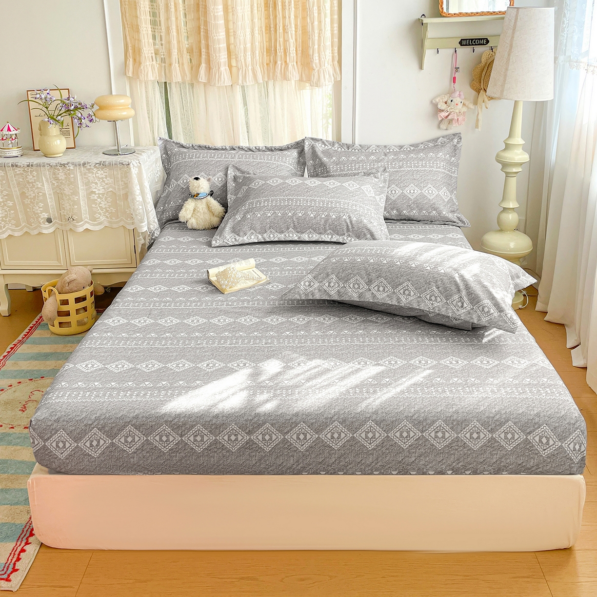 91家纺网 家纺一手货源 找家纺 （总）纽缦家纺 2026新款舒适透气细沙卡通印花老粗布床笠