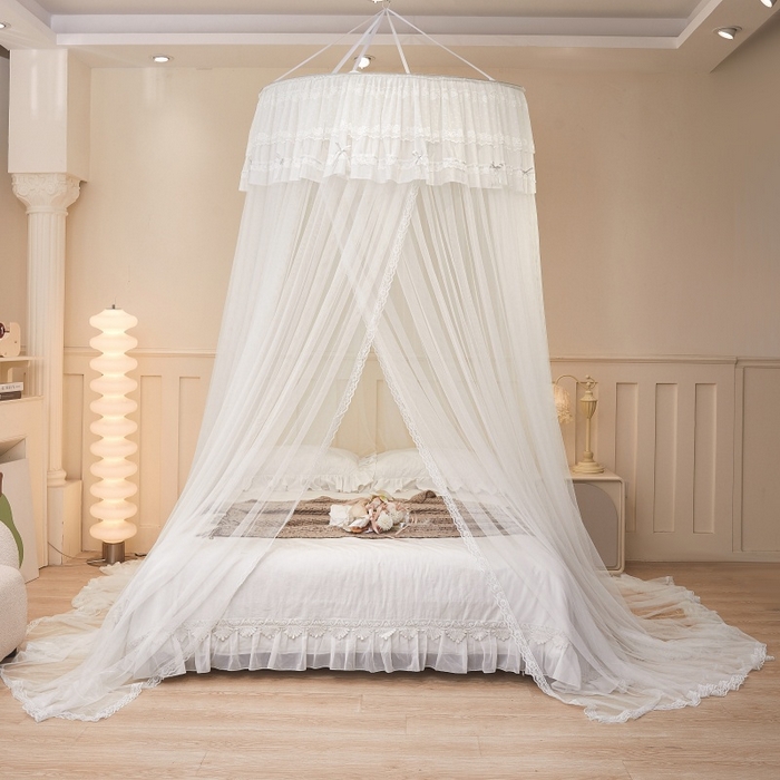 91家纺网 家纺一手货源 找家纺 梦尔佳蚊帐 2026新款蕾丝刺绣花好月圆圆顶蚊帐 奶白