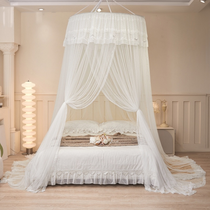 91家纺网 家纺一手货源 找家纺 梦尔佳蚊帐 2026新款蕾丝刺绣花好月圆圆顶蚊帐 奶白