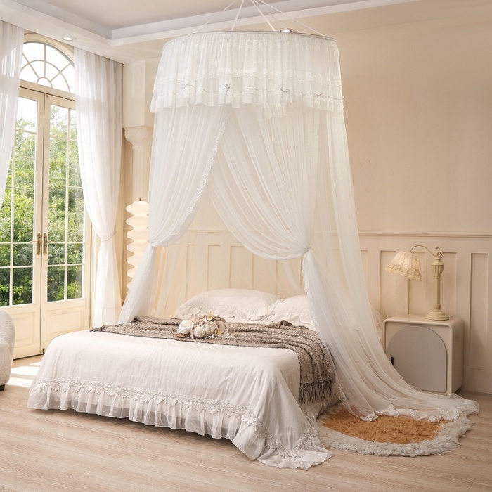 91家纺网 家纺一手货源 找家纺 梦尔佳蚊帐 2026新款蕾丝刺绣花好月圆圆顶蚊帐 奶白