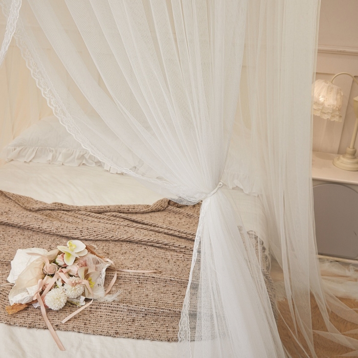 91家纺网 家纺一手货源 找家纺 梦尔佳蚊帐 2026新款蕾丝刺绣花好月圆圆顶蚊帐 奶白