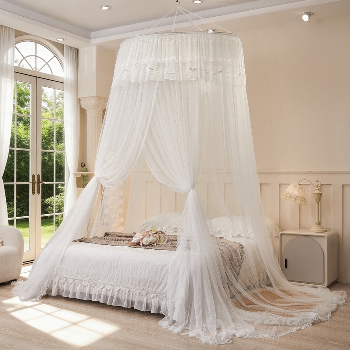 梦尔佳蚊帐 2026新款蕾丝刺绣花好月圆圆顶蚊帐 奶白