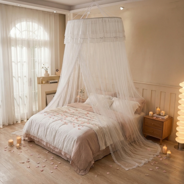 91家纺网 家纺一手货源 找家纺 梦尔佳蚊帐 2026新款蕾丝刺绣花好月圆圆顶蚊帐 奶白