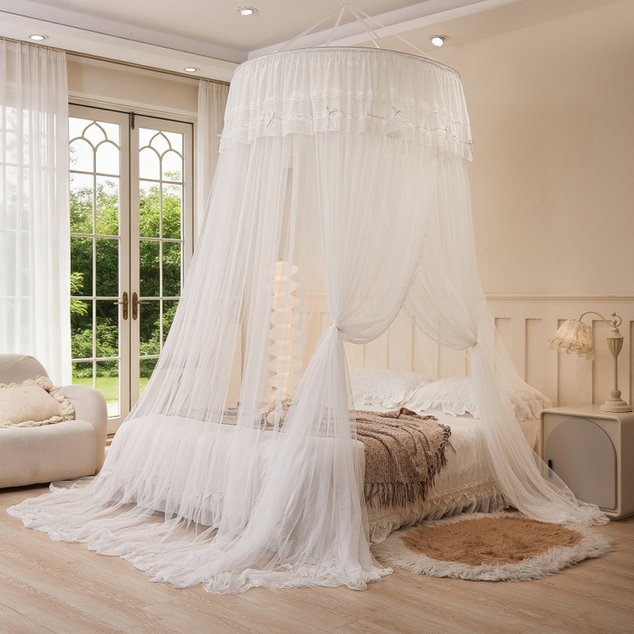 91家纺网 家纺一手货源 找家纺 梦尔佳蚊帐 2026新款蕾丝刺绣花好月圆圆顶蚊帐 奶白