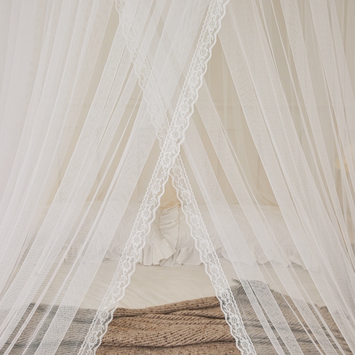 91家纺网 家纺一手货源 找家纺 梦尔佳蚊帐 2026新款蕾丝刺绣花好月圆圆顶蚊帐 奶白