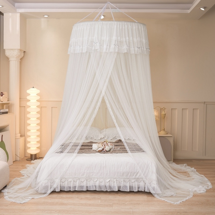 91家纺网 家纺一手货源 找家纺 梦尔佳蚊帐 2026新款蕾丝刺绣花好月圆圆顶蚊帐 奶白