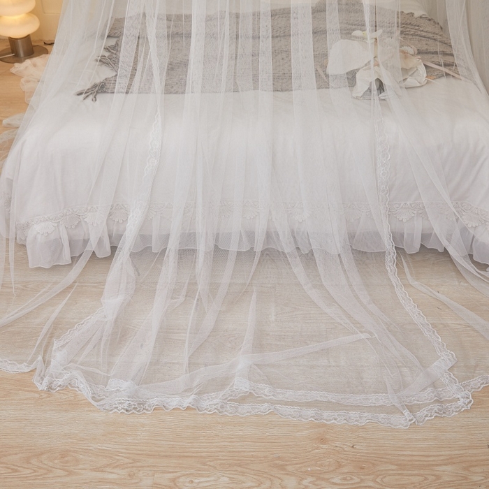 91家纺网 家纺一手货源 找家纺 梦尔佳蚊帐 2026新款蕾丝刺绣花好月圆圆顶蚊帐 奶白