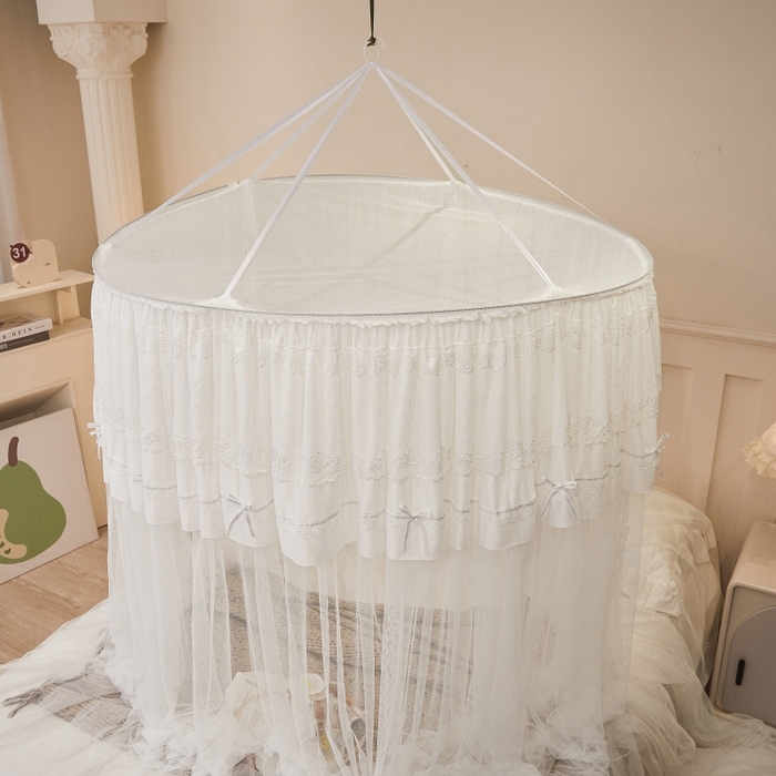 91家纺网 家纺一手货源 找家纺 梦尔佳蚊帐 2026新款蕾丝刺绣花好月圆圆顶蚊帐 奶白