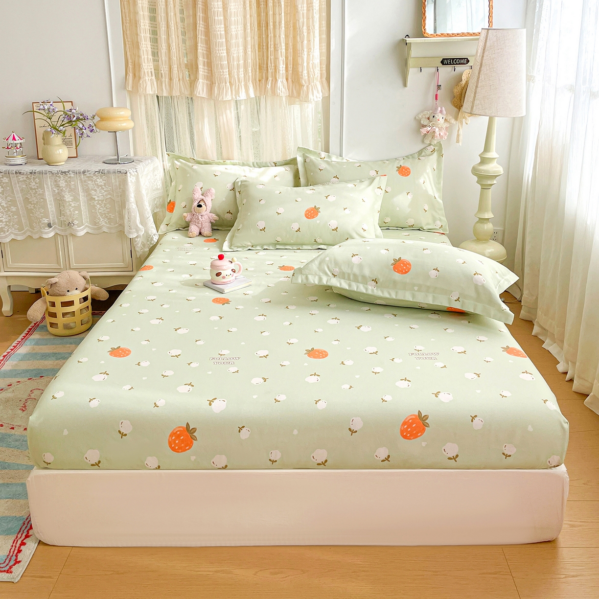 91家纺网 家纺一手货源 找家纺 纽缦家纺 2026新款舒适透气细沙卡通印花老粗布床笠 清香莓果-绿