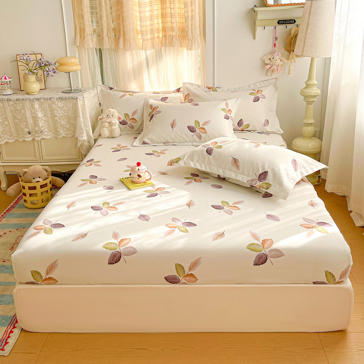 91家纺网 家纺一手货源 找家纺 纽缦家纺 2026新款舒适透气细沙卡通印花老粗布床笠 秋叶之恋-绿