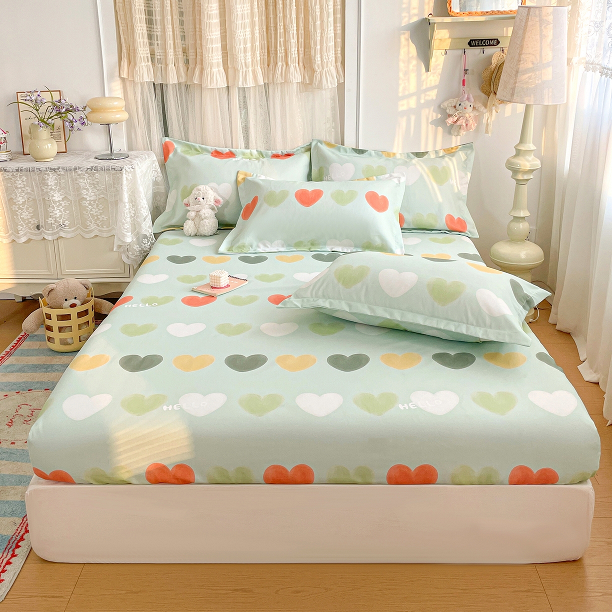 纽缦家纺 2026新款舒适透气细沙卡通印花老粗布床笠 玛卡爱心-绿