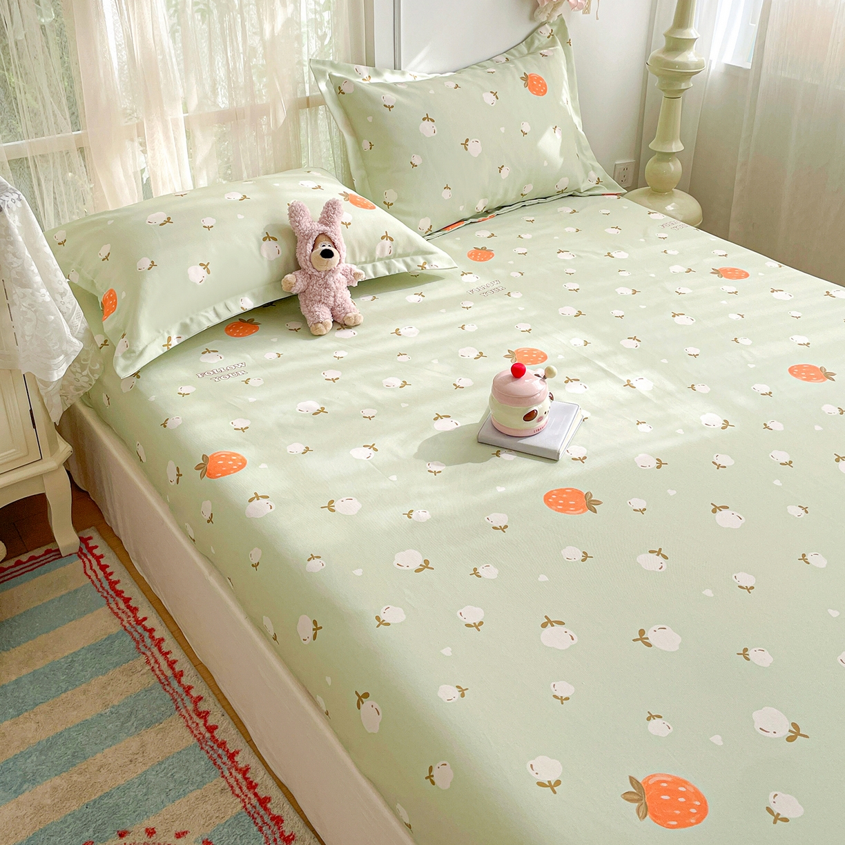 91家纺网 家纺一手货源 找家纺 纽缦家纺 2026新款舒适透气细沙卡通印花老粗布床笠 清香莓果-绿