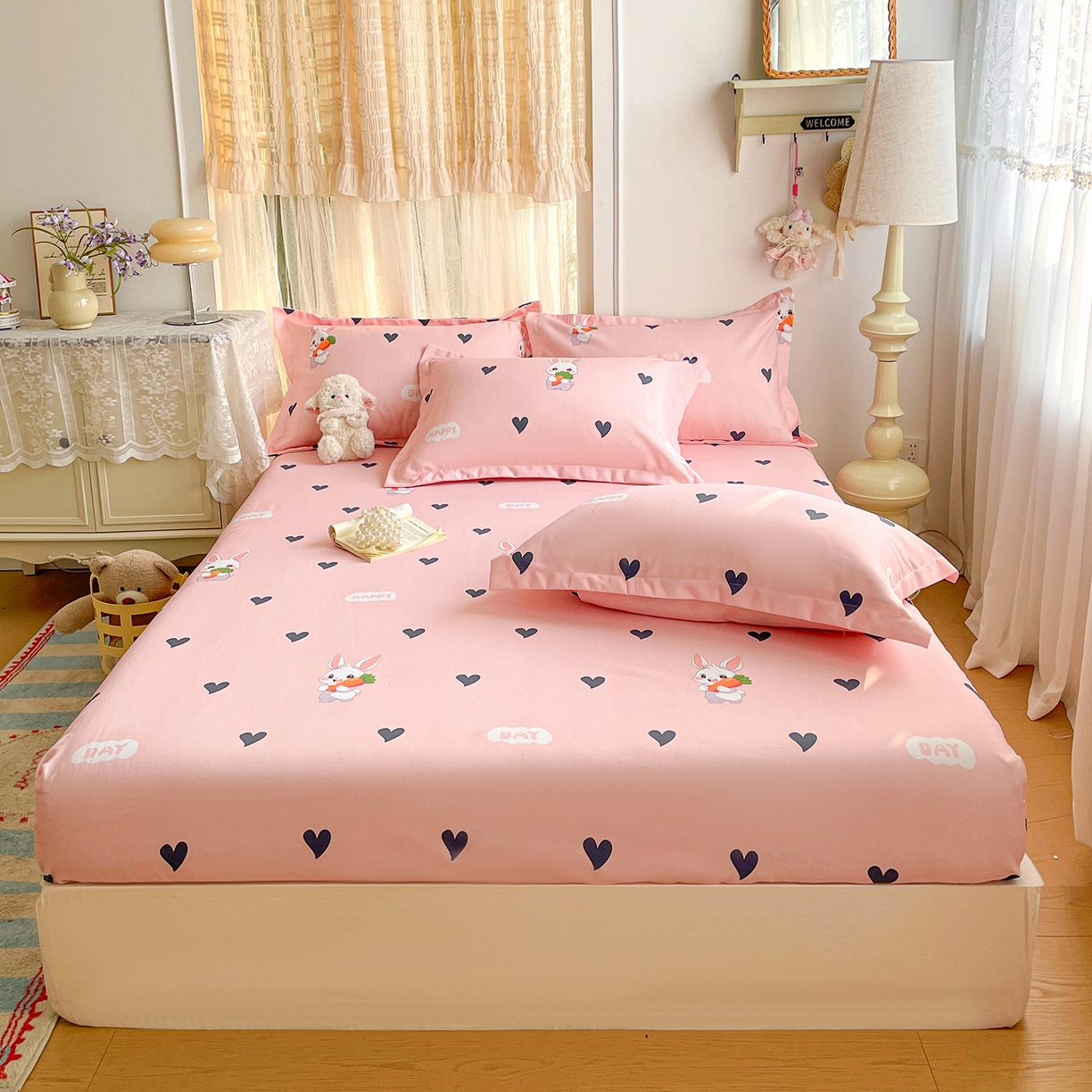 纽缦家纺 2026新款舒适透气细沙卡通印花老粗布床笠 胡萝卜兔-粉