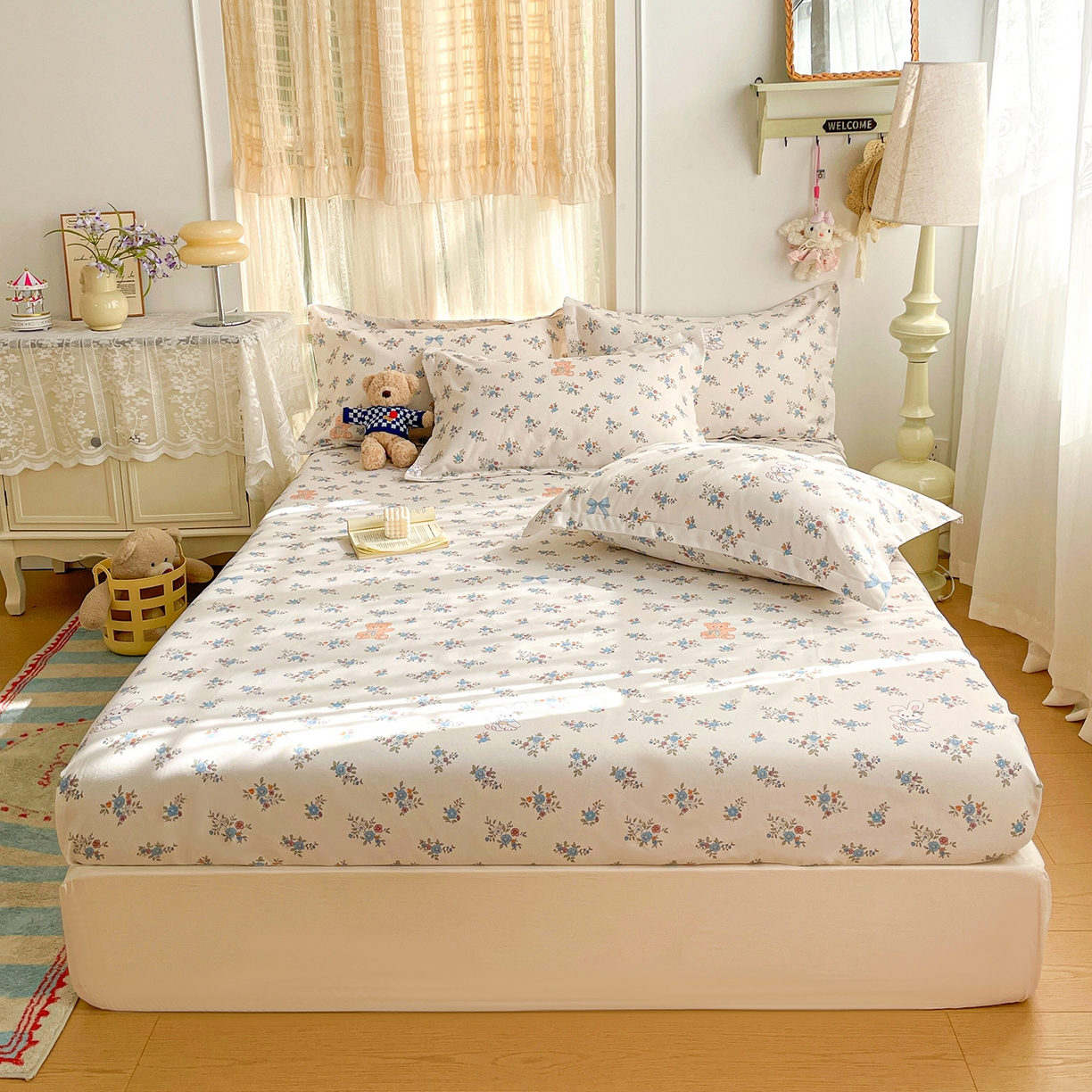 纽缦家纺 2026新款舒适透气细沙卡通印花老粗布床笠 苏莉熊-米