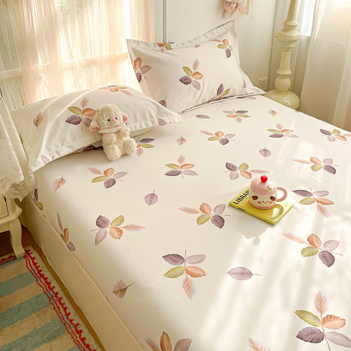 91家纺网 家纺一手货源 找家纺 纽缦家纺 2026新款舒适透气细沙卡通印花老粗布床笠 秋叶之恋-绿