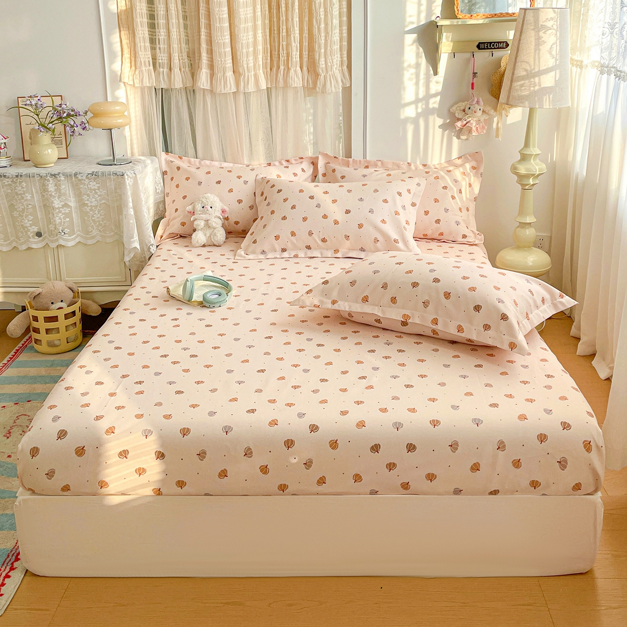 纽缦家纺 2026新款舒适透气细沙卡通印花老粗布床笠 南瓜集市-桔