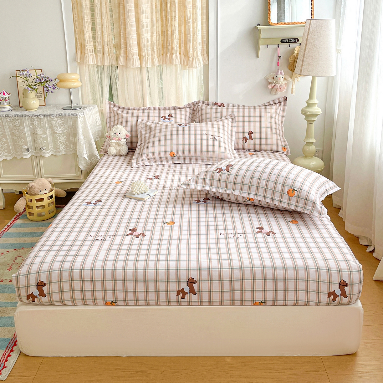 纽缦家纺 2026新款舒适透气细沙卡通印花老粗布床笠 小木马-咖