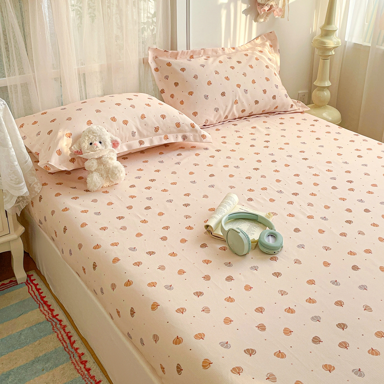 91家纺网 家纺一手货源 找家纺 纽缦家纺 2026新款舒适透气细沙卡通印花老粗布床笠 南瓜集市-桔