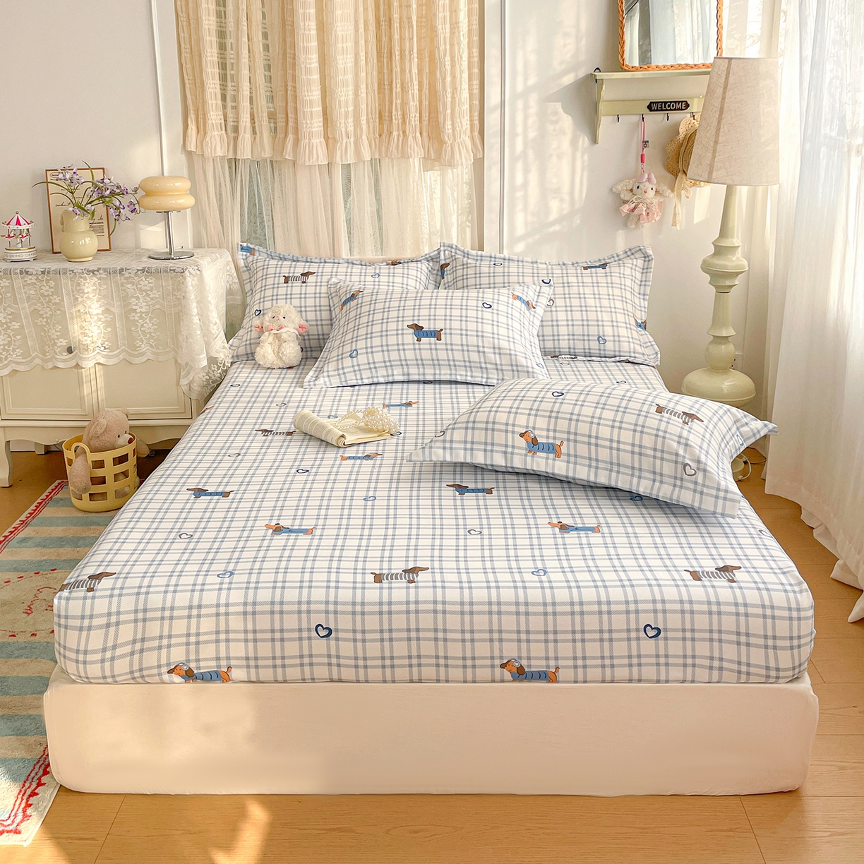 纽缦家纺 2026新款舒适透气细沙卡通印花老粗布床笠 英伦小狗-蓝