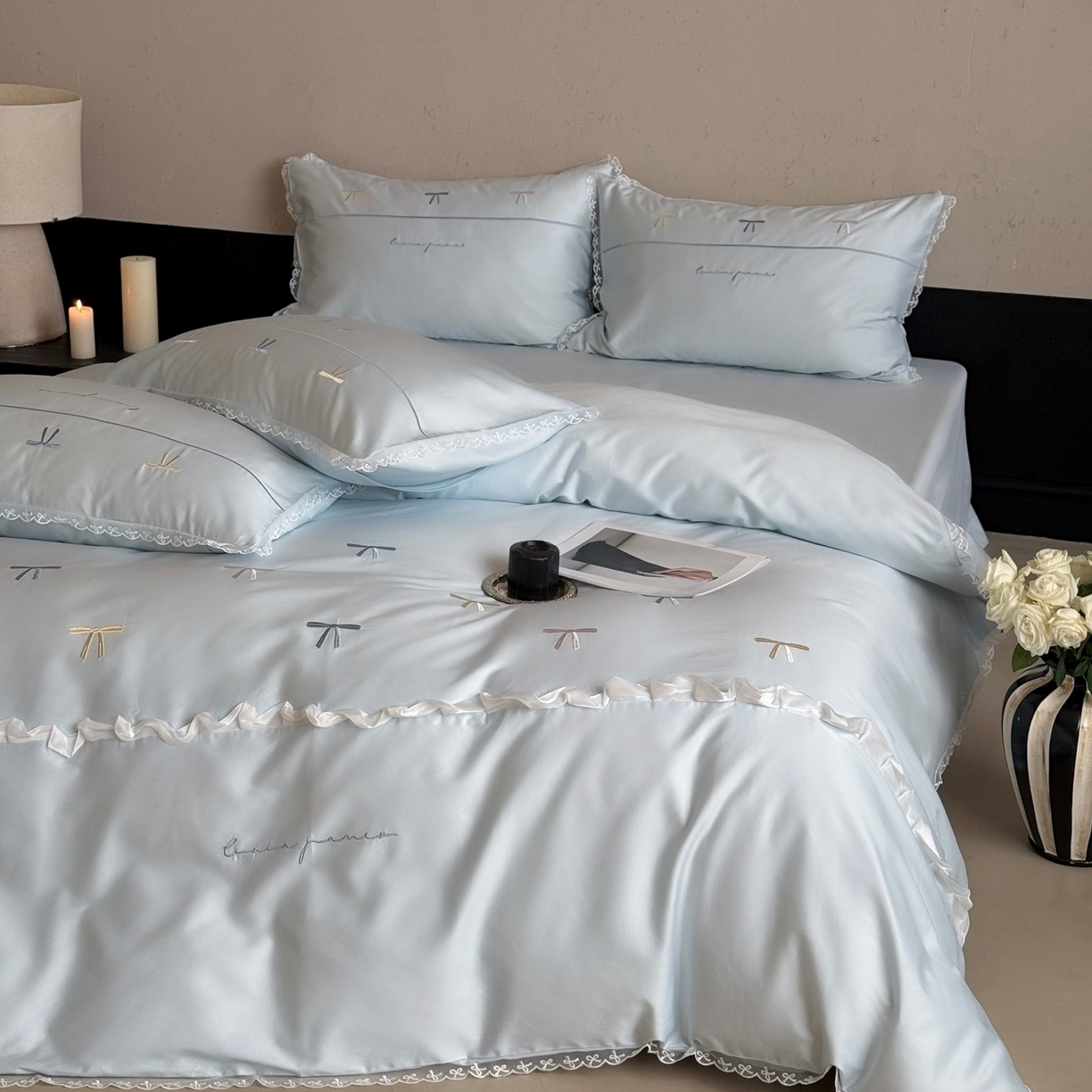 91家纺网 家纺一手货源 找家纺 佳汐蓝家纺 2026春夏新款全棉纯棉刺绣四件套-半糖主义 半糖主义-蓝色