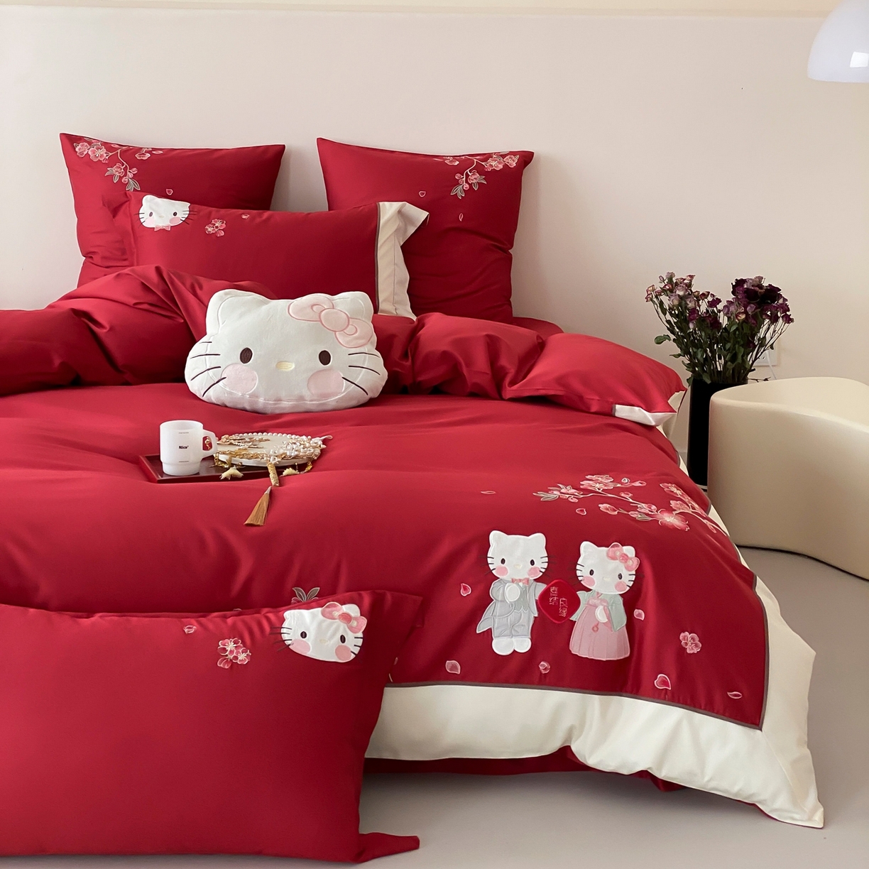 佳汐蓝家纺 2026春夏新款长绒棉纯棉刺绣四件套-蜜搭子 蜜搭子-红色
