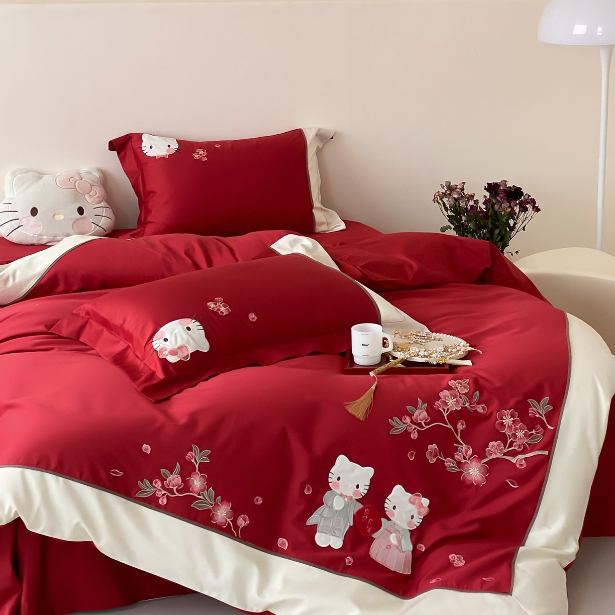 91家纺网 家纺一手货源 找家纺 佳汐蓝家纺 2026春夏新款长绒棉纯棉刺绣四件套-蜜搭子 蜜搭子-红色