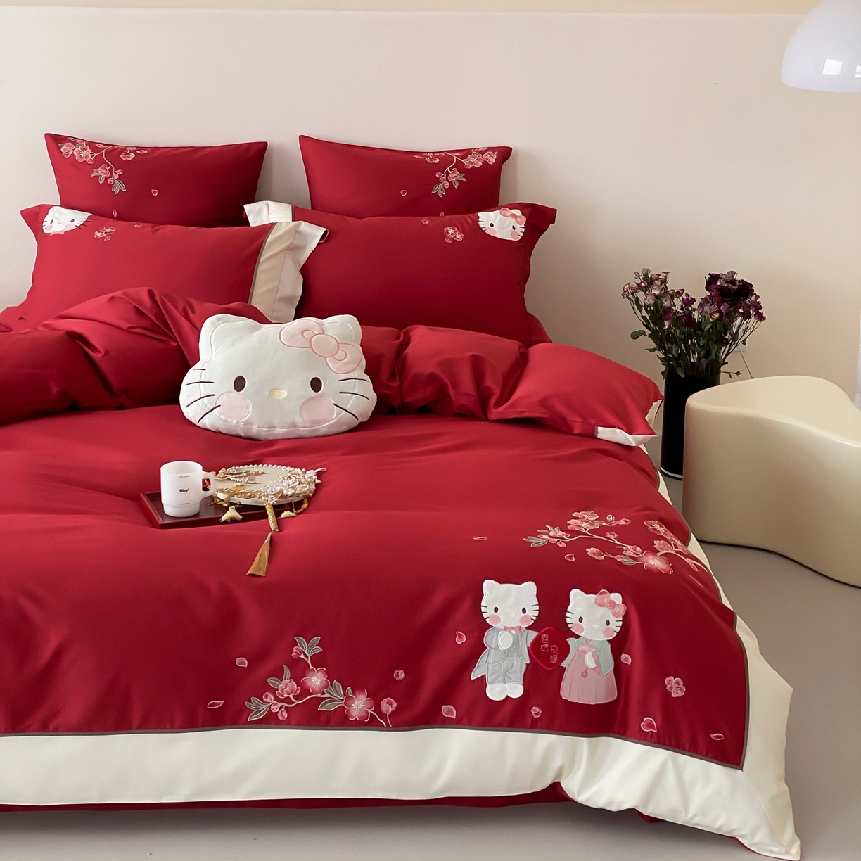 91家纺网 家纺一手货源 找家纺 佳汐蓝家纺 2026春夏新款长绒棉纯棉刺绣四件套-蜜搭子 蜜搭子-红色