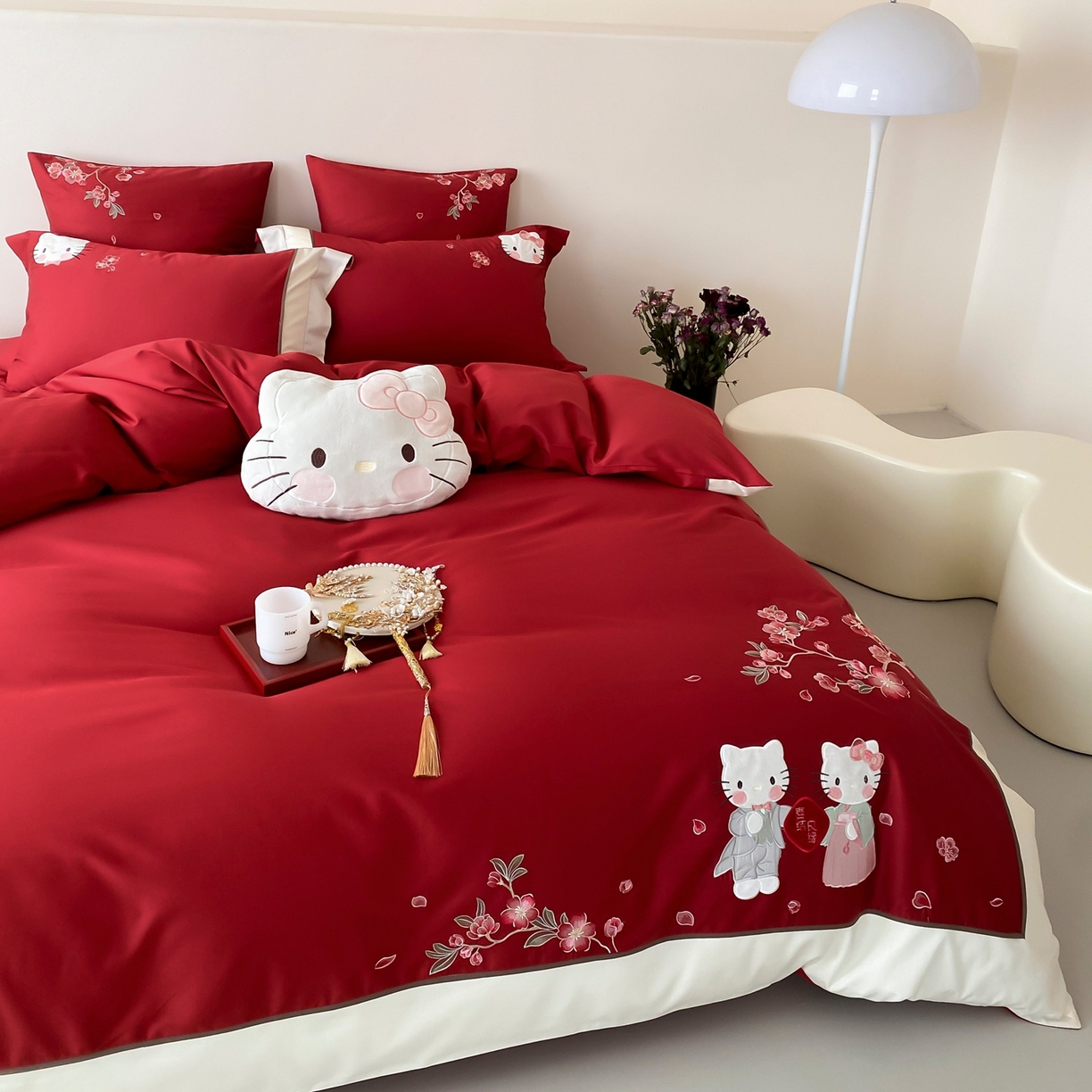 91家纺网 家纺一手货源 找家纺 佳汐蓝家纺 2026春夏新款长绒棉纯棉刺绣四件套-蜜搭子 蜜搭子-红色