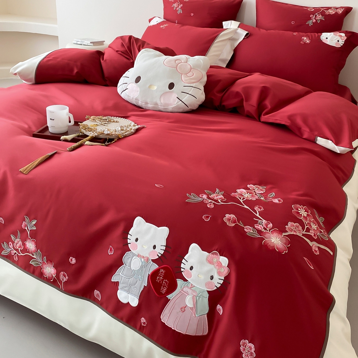 91家纺网 家纺一手货源 找家纺 佳汐蓝家纺 2026春夏新款长绒棉纯棉刺绣四件套-蜜搭子 蜜搭子-红色