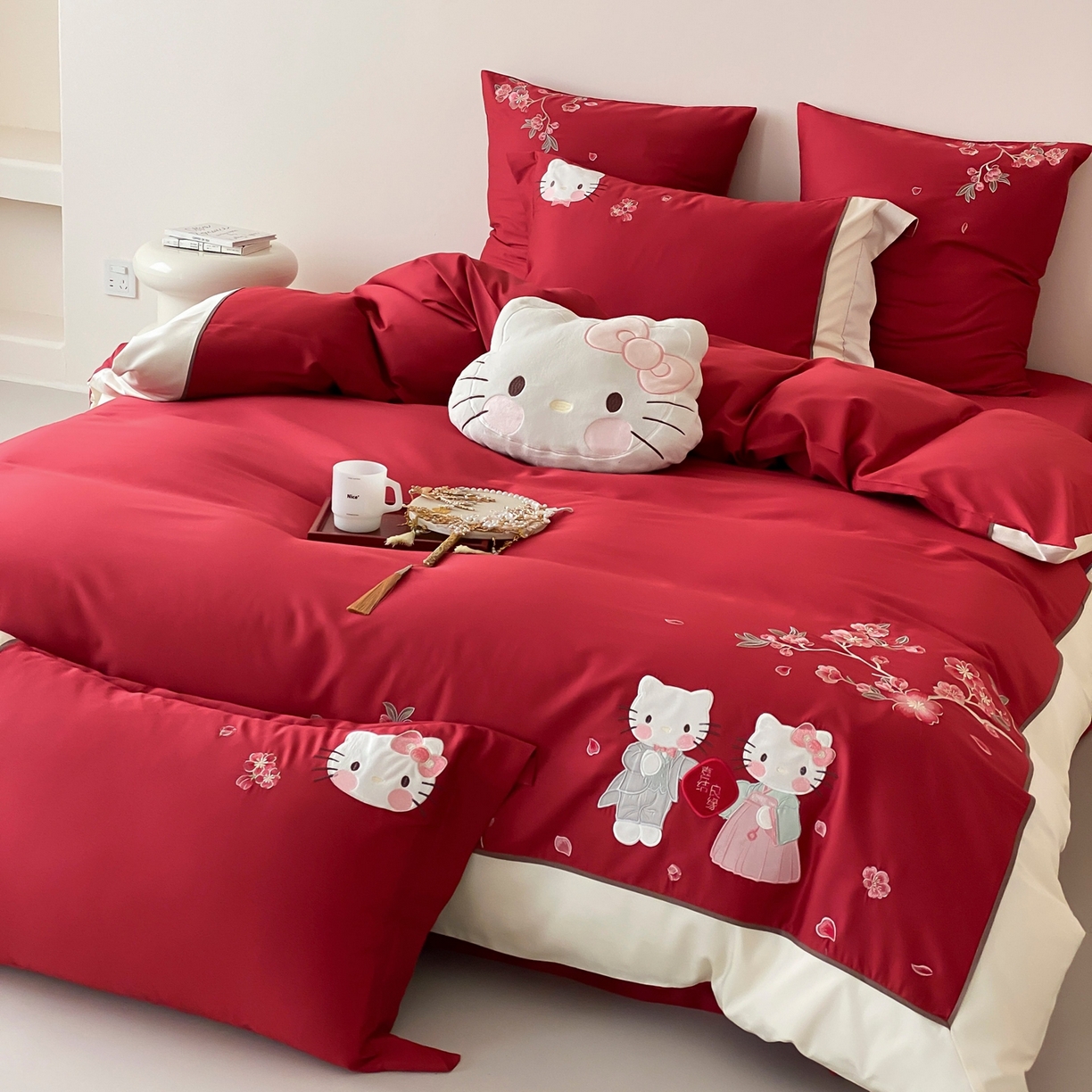 91家纺网 家纺一手货源 找家纺 佳汐蓝家纺 2026春夏新款长绒棉纯棉刺绣四件套-蜜搭子 蜜搭子-红色