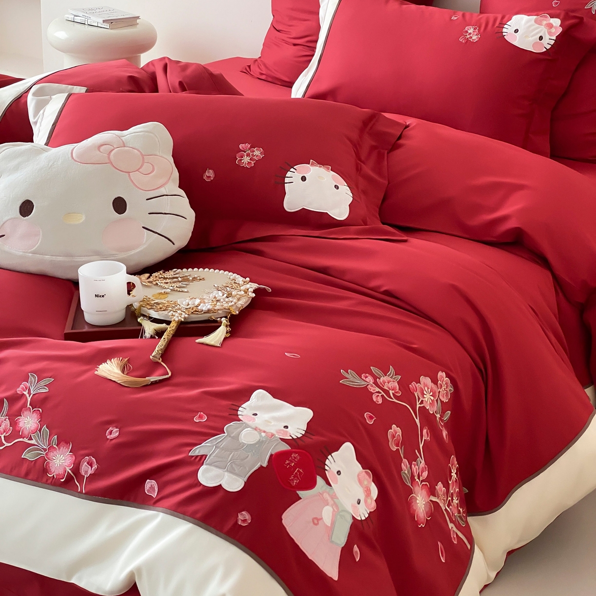 91家纺网 家纺一手货源 找家纺 佳汐蓝家纺 2026春夏新款长绒棉纯棉刺绣四件套-蜜搭子 蜜搭子-红色