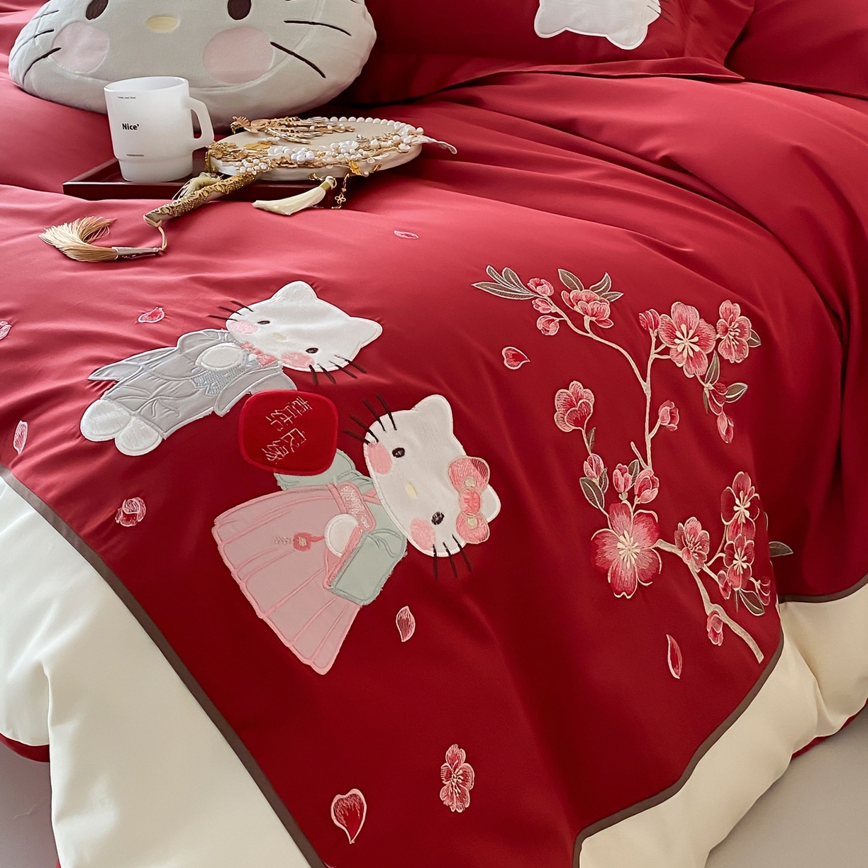 91家纺网 家纺一手货源 找家纺 佳汐蓝家纺 2026春夏新款长绒棉纯棉刺绣四件套-蜜搭子 蜜搭子-红色