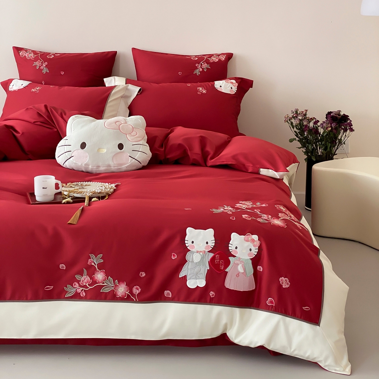 91家纺网 家纺一手货源 找家纺 佳汐蓝家纺 2026春夏新款长绒棉纯棉刺绣四件套-蜜搭子 蜜搭子-红色