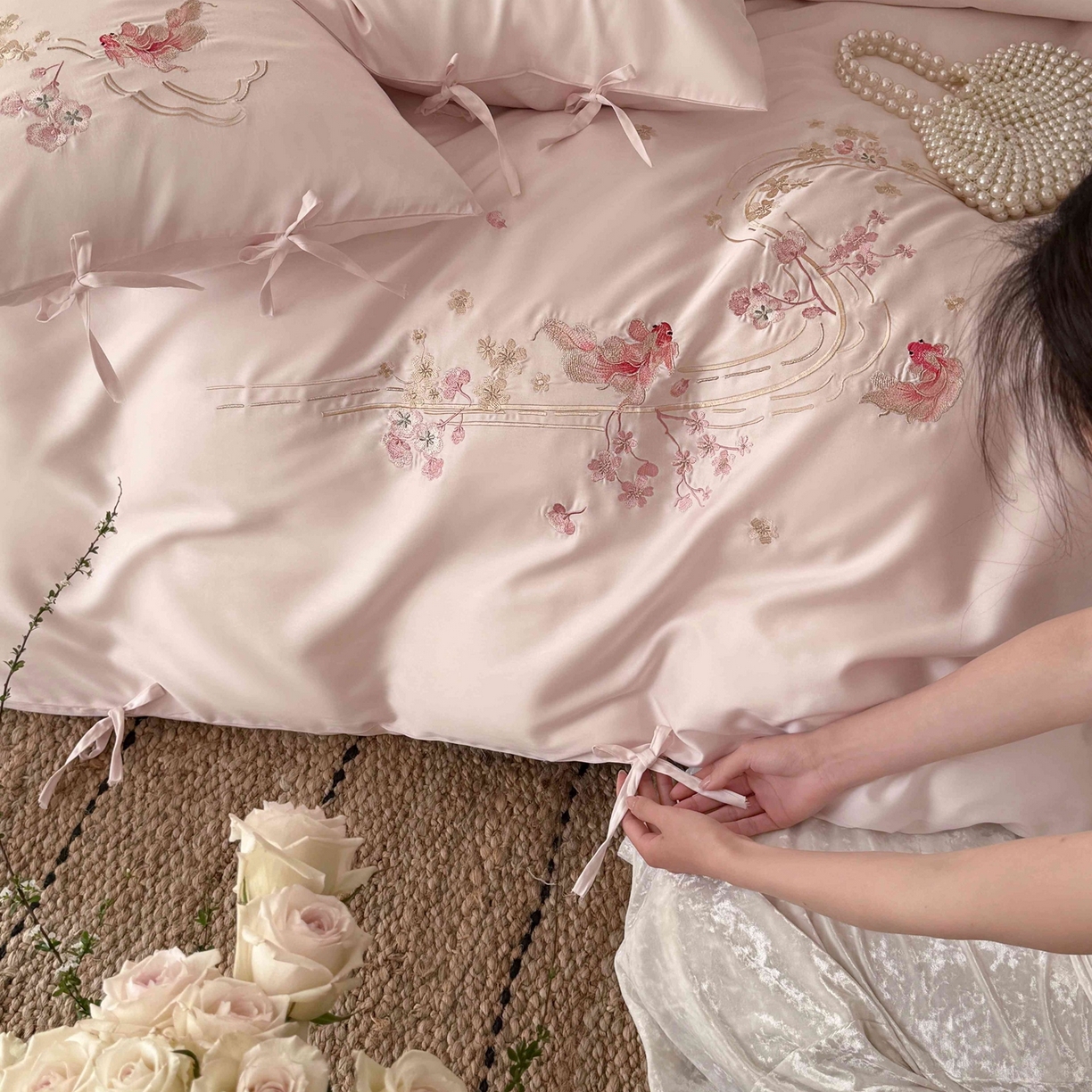 91家纺网 家纺一手货源 找家纺 （总）佳汐蓝家纺 2026春夏新款长绒棉纯棉刺绣四件套-如意锦鲤