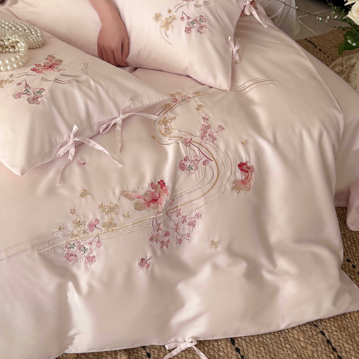 91家纺网 家纺一手货源 找家纺 （总）佳汐蓝家纺 2026春夏新款长绒棉纯棉刺绣四件套-如意锦鲤