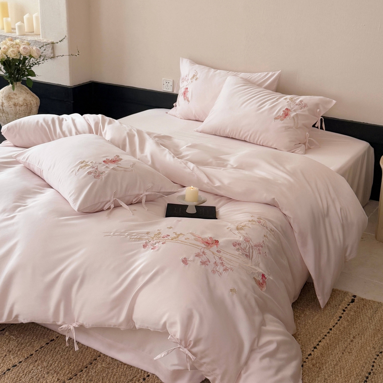 91家纺网 家纺一手货源 找家纺 佳汐蓝家纺 2026春夏新款长绒棉纯棉刺绣四件套-如意锦鲤 如意锦鲤-粉