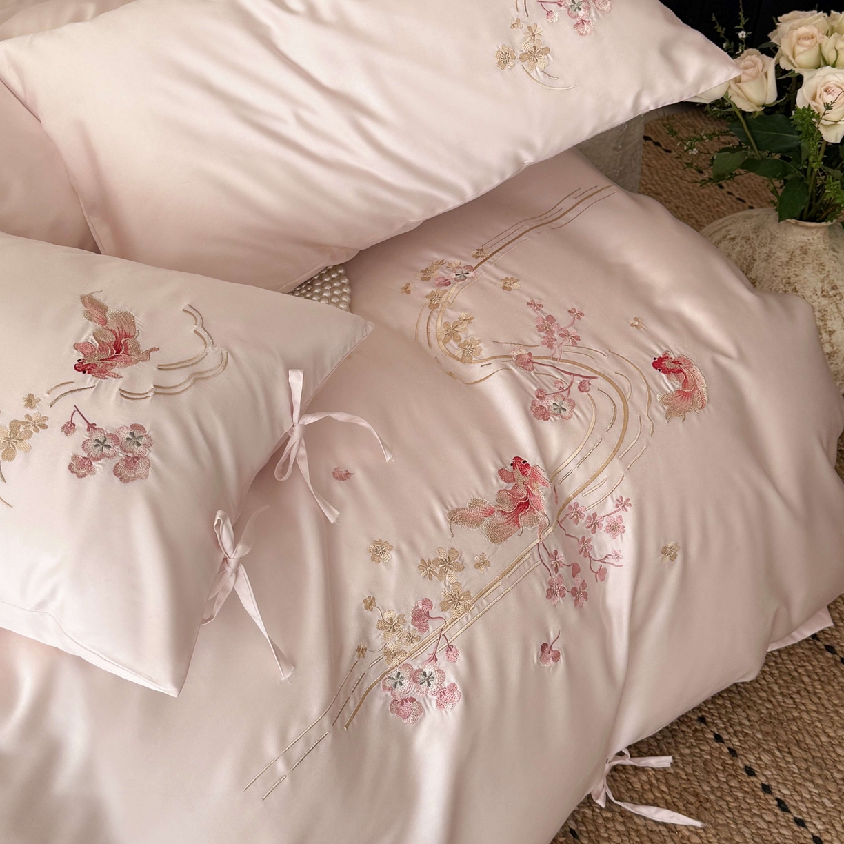 91家纺网 家纺一手货源 找家纺 佳汐蓝家纺 2026春夏新款长绒棉纯棉刺绣四件套-如意锦鲤 如意锦鲤-粉