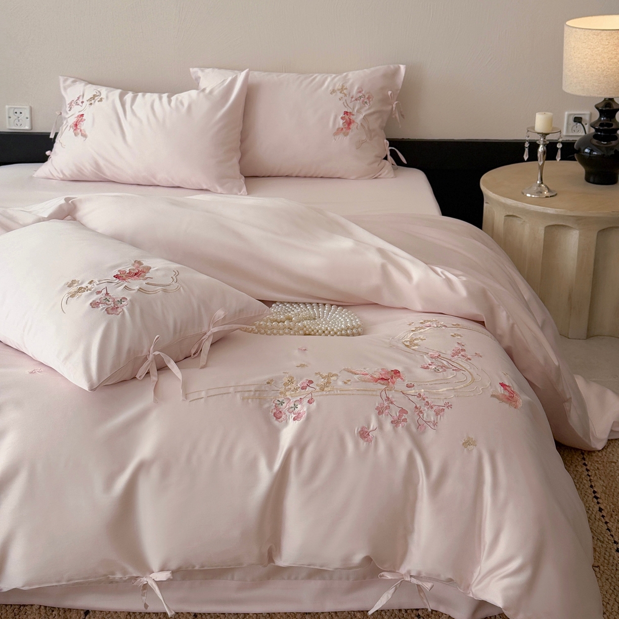 91家纺网 家纺一手货源 找家纺 佳汐蓝家纺 2026春夏新款长绒棉纯棉刺绣四件套-如意锦鲤 如意锦鲤-粉