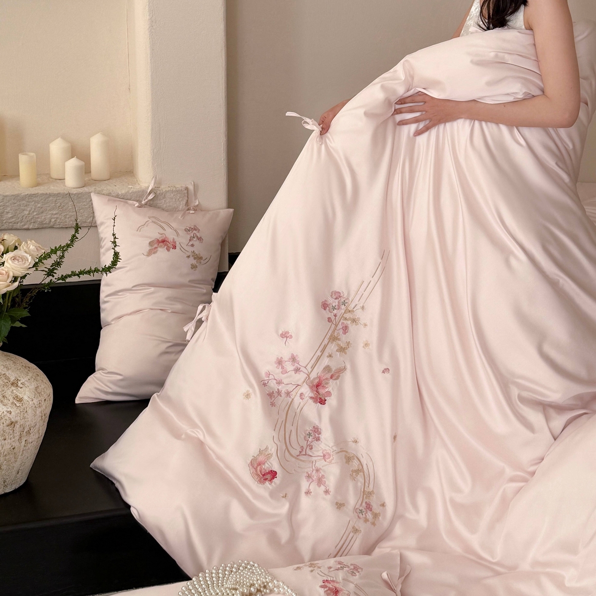 91家纺网 家纺一手货源 找家纺 佳汐蓝家纺 2026春夏新款长绒棉纯棉刺绣四件套-如意锦鲤 如意锦鲤-粉