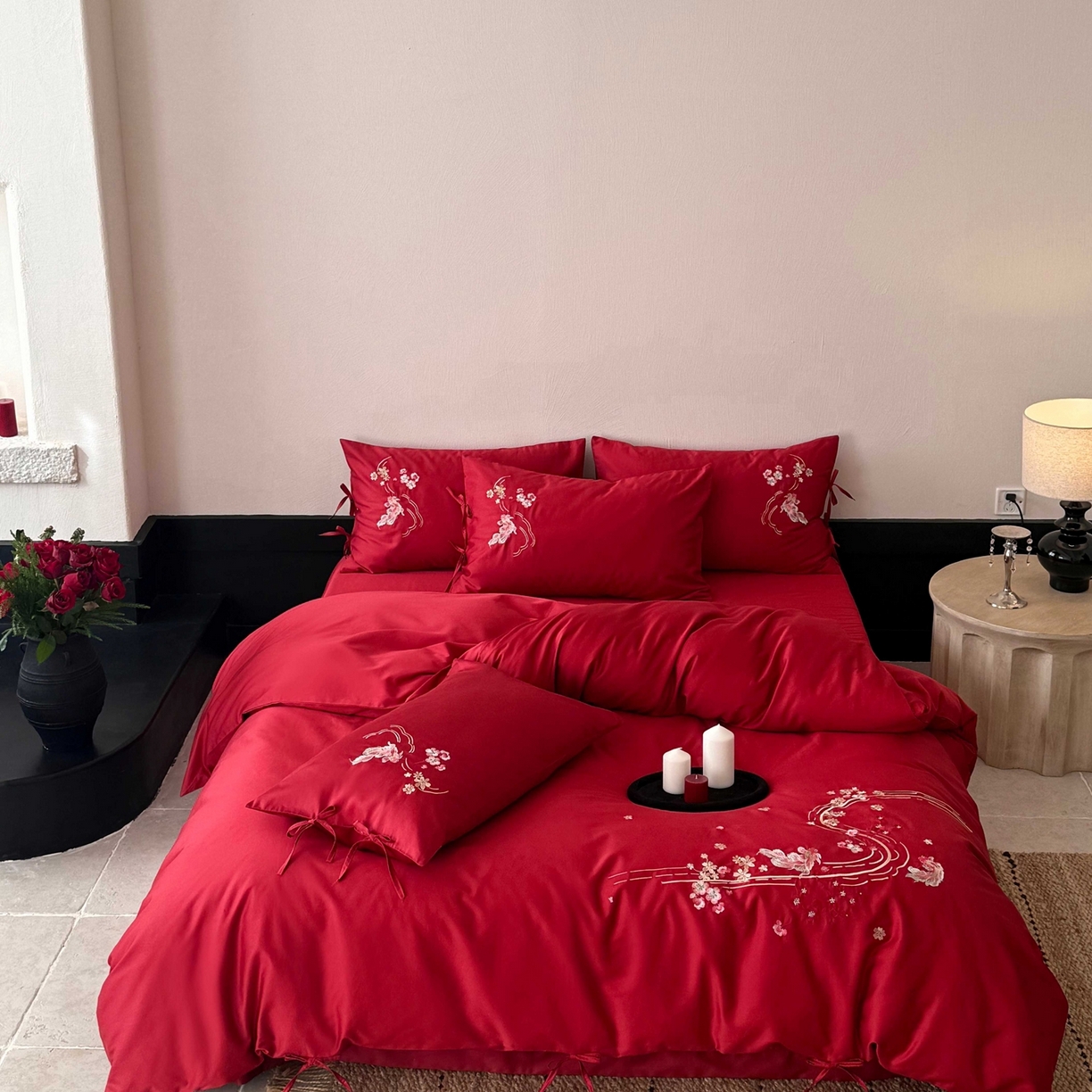 91家纺网 家纺一手货源 找家纺 佳汐蓝家纺 2026春夏新款长绒棉纯棉刺绣四件套-如意锦鲤 如意锦鲤-红色