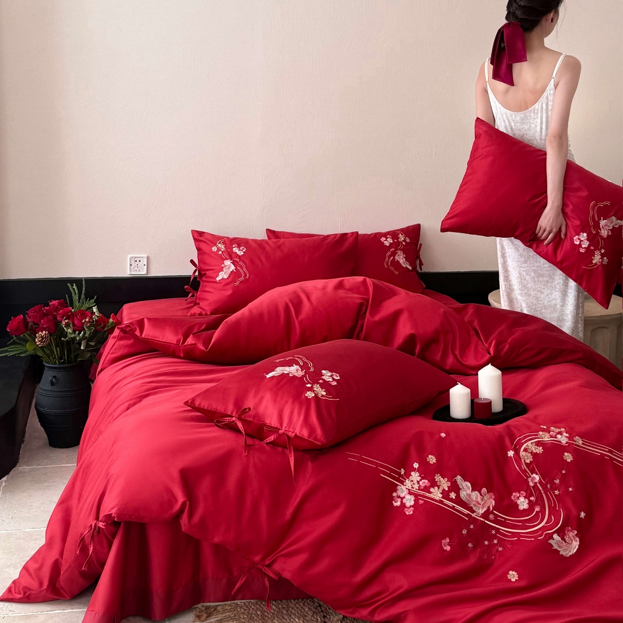 91家纺网 家纺一手货源 找家纺 佳汐蓝家纺 2026春夏新款长绒棉纯棉刺绣四件套-如意锦鲤 如意锦鲤-红色