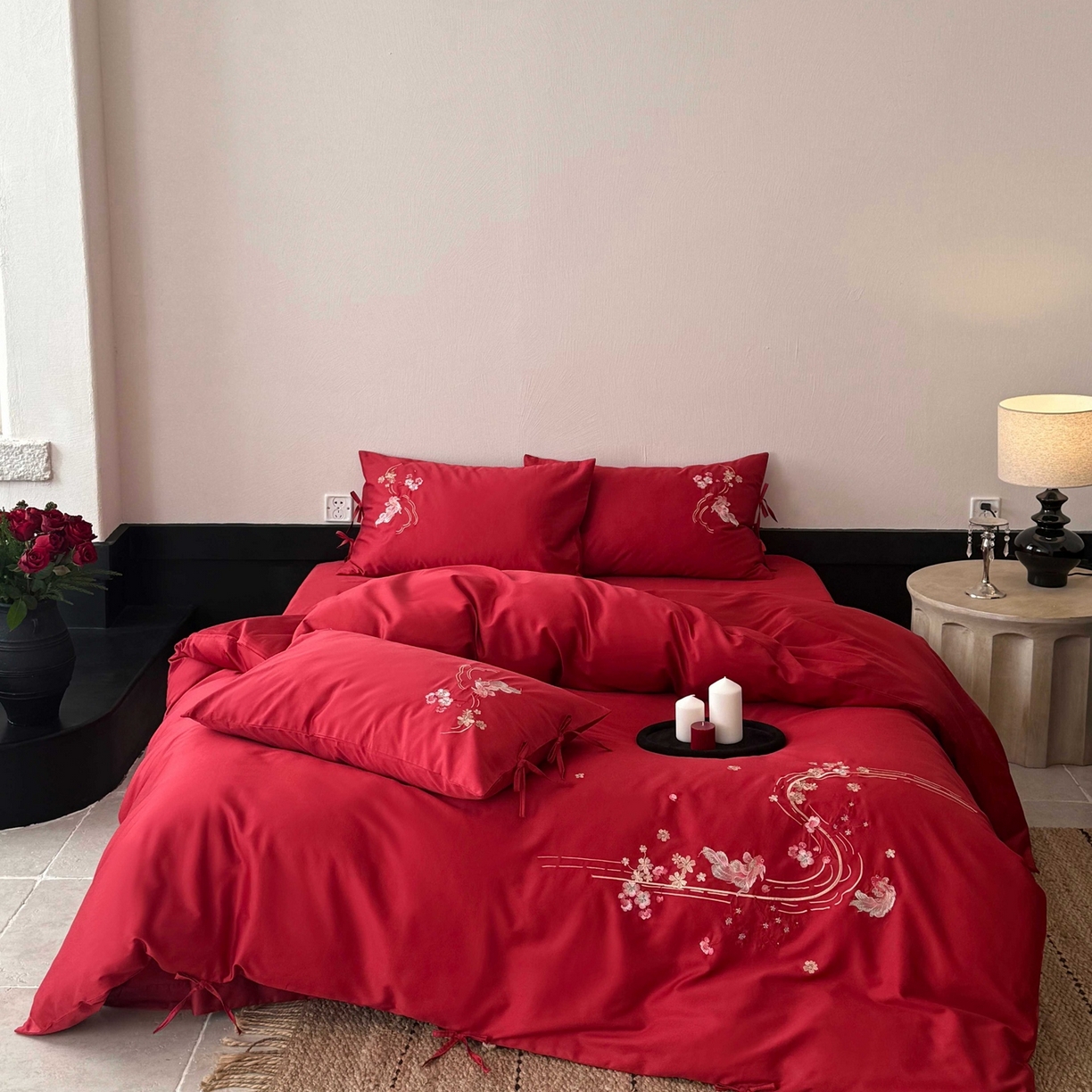 91家纺网 家纺一手货源 找家纺 佳汐蓝家纺 2026春夏新款长绒棉纯棉刺绣四件套-如意锦鲤 如意锦鲤-红色