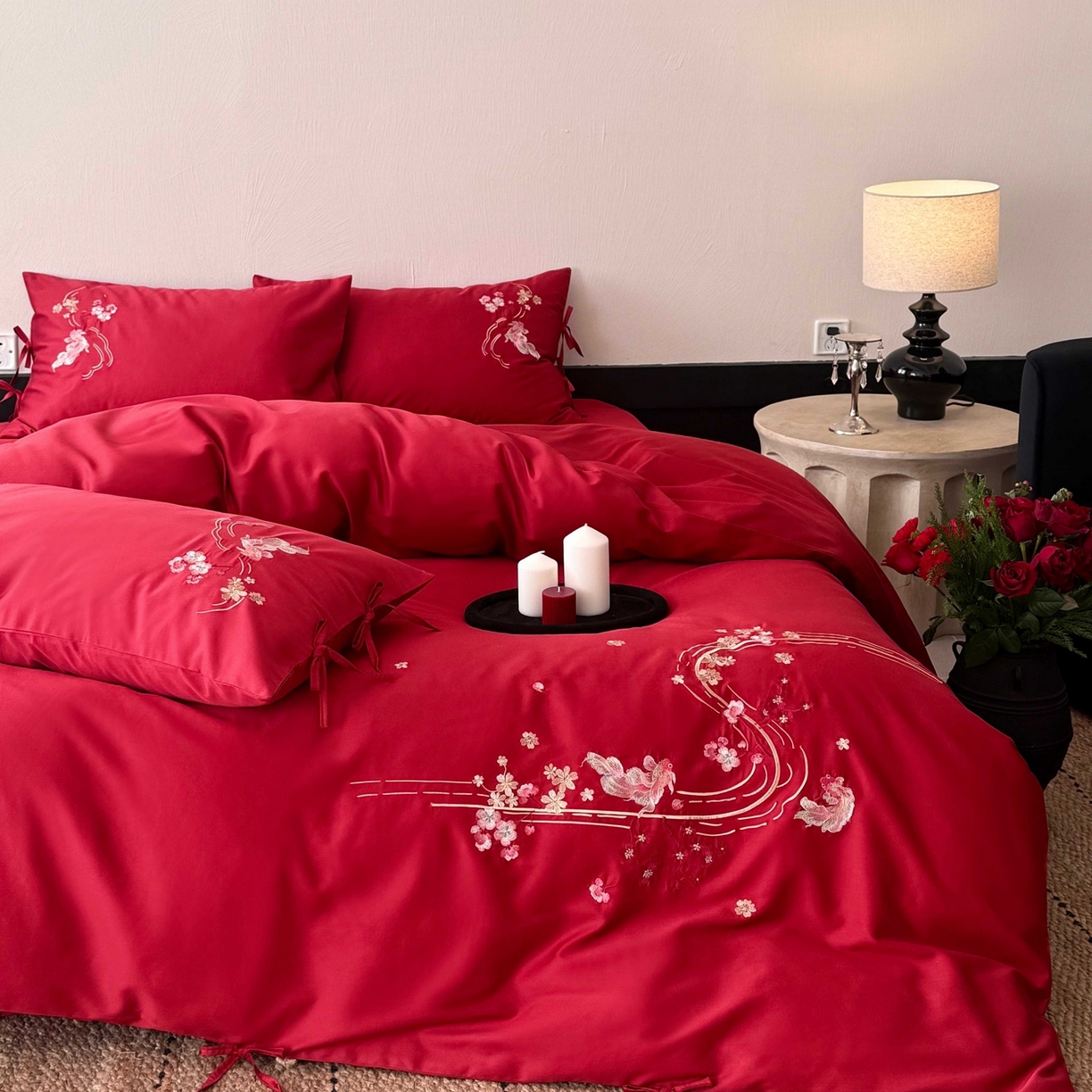 91家纺网 家纺一手货源 找家纺 佳汐蓝家纺 2026春夏新款长绒棉纯棉刺绣四件套-如意锦鲤 如意锦鲤-红色