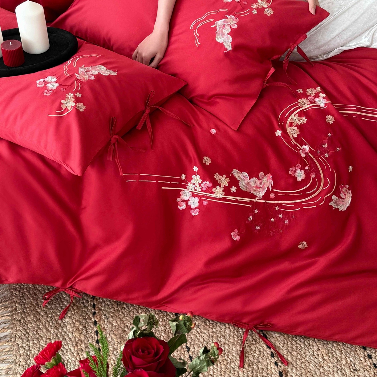 91家纺网 家纺一手货源 找家纺 佳汐蓝家纺 2026春夏新款长绒棉纯棉刺绣四件套-如意锦鲤 如意锦鲤-红色