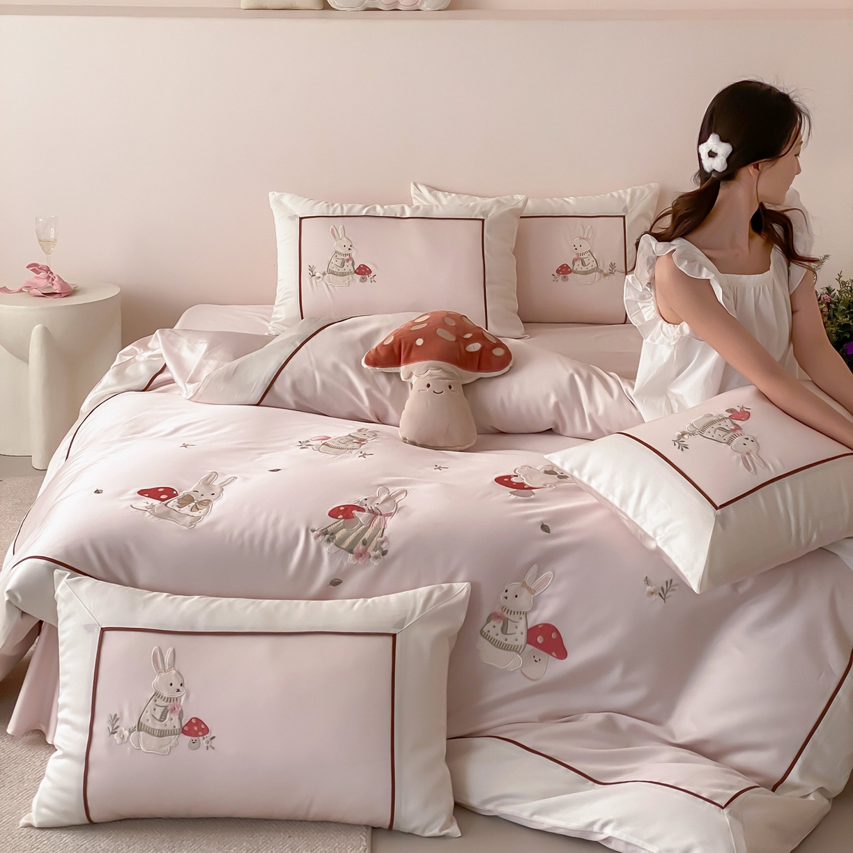 （总）佳汐蓝家纺 2026春夏新款长绒棉纯棉贴布绣四件套-蘑菇小兔