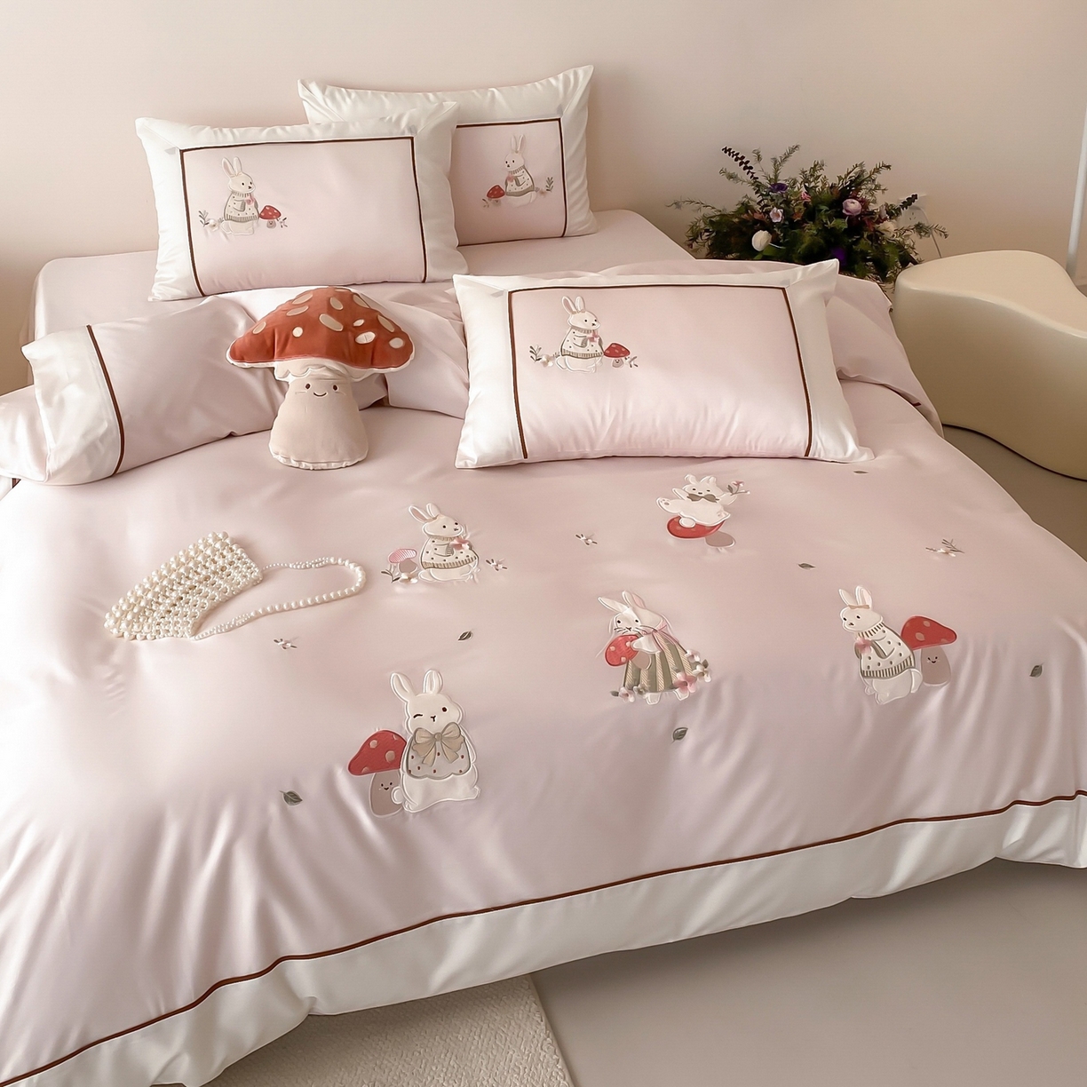 91家纺网 家纺一手货源 找家纺 （总）佳汐蓝家纺 2026春夏新款长绒棉纯棉贴布绣四件套-蘑菇小兔