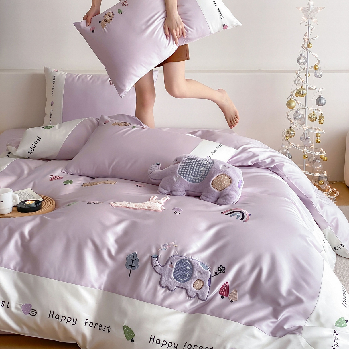 佳汐蓝家纺 2026春夏新款长绒棉纯棉贴布刺绣四件套-暖暖森林屋 暖暖森林屋-紫