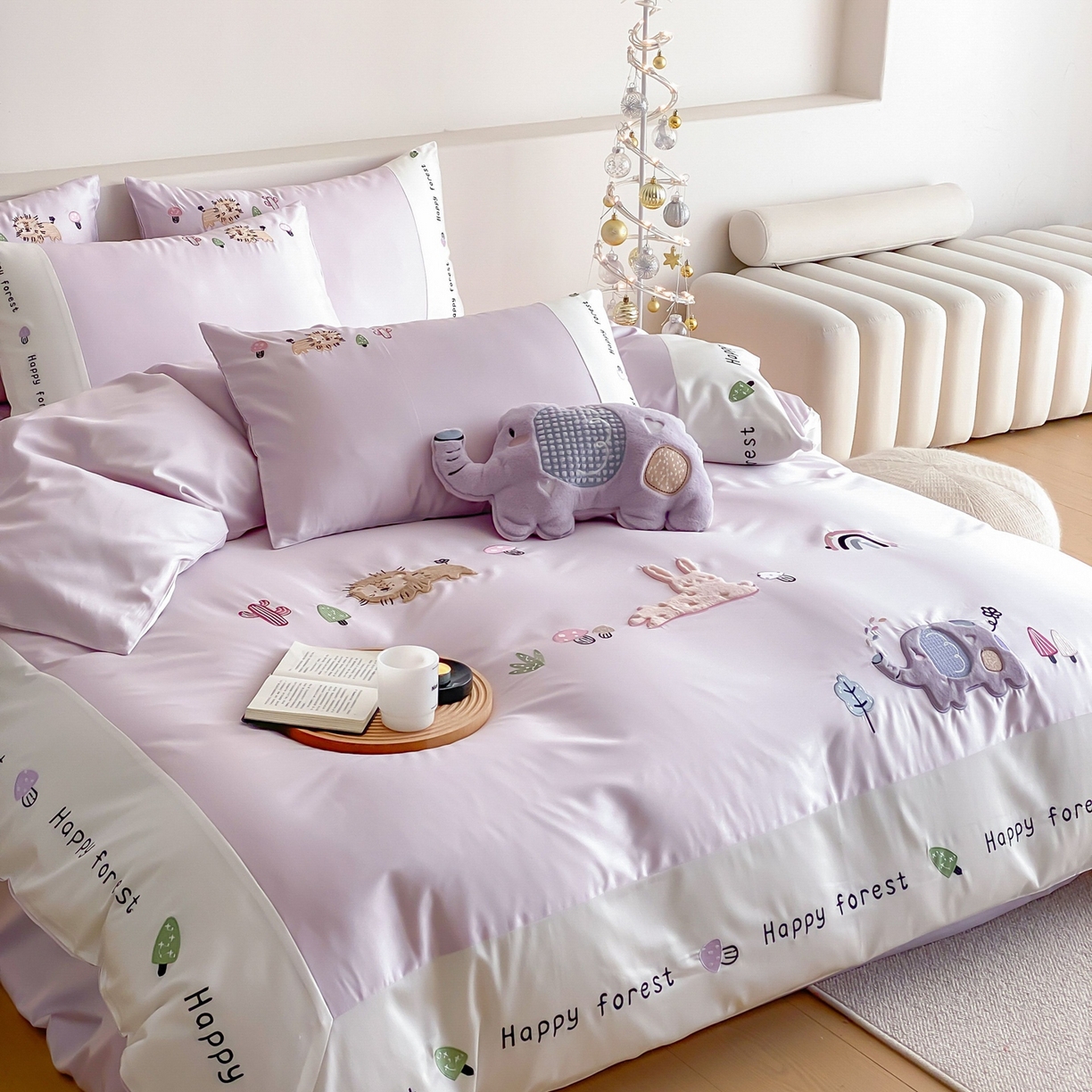 91家纺网 家纺一手货源 找家纺 佳汐蓝家纺 2026春夏新款长绒棉纯棉贴布刺绣四件套-暖暖森林屋 暖暖森林屋-紫