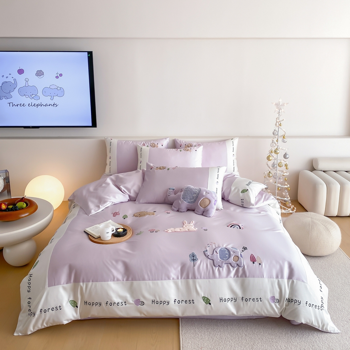 91家纺网 家纺一手货源 找家纺 佳汐蓝家纺 2026春夏新款长绒棉纯棉贴布刺绣四件套-暖暖森林屋 暖暖森林屋-紫