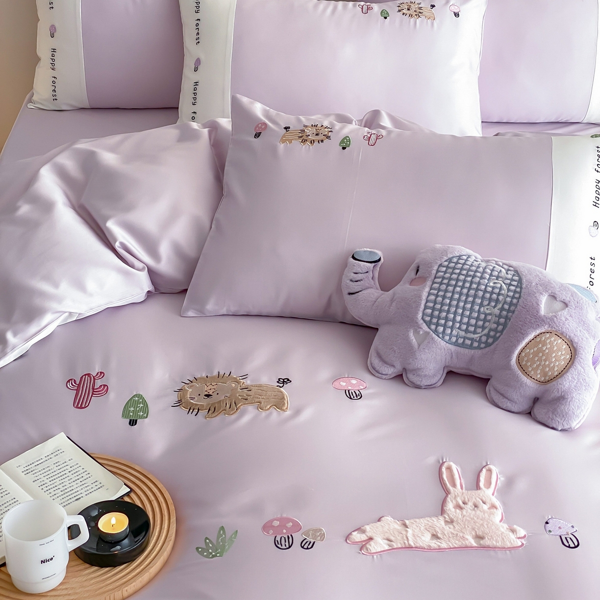 91家纺网 家纺一手货源 找家纺 佳汐蓝家纺 2026春夏新款长绒棉纯棉贴布刺绣四件套-暖暖森林屋 暖暖森林屋-紫